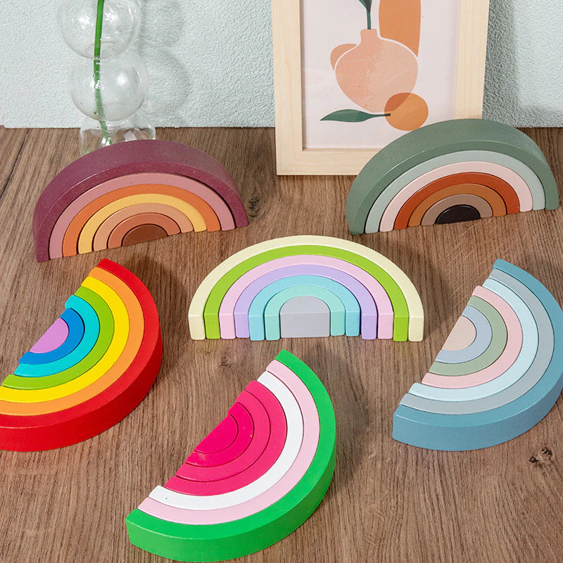 Arc en ciel bloc construction bois silicone multicolore éveil bébé enfant jouet jeu équilibre cadeau anniversaire Noël environnement écologique renouvelable responsable - lebois-eco.com