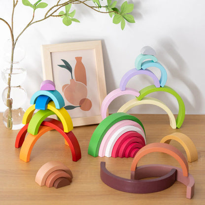 Arc en ciel bloc construction bois silicone multicolore éveil bébé enfant jouet jeu équilibre cadeau anniversaire Noël environnement écologique renouvelable responsable - lebois-eco.com